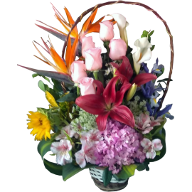 Medium basket with pink roses and flowers